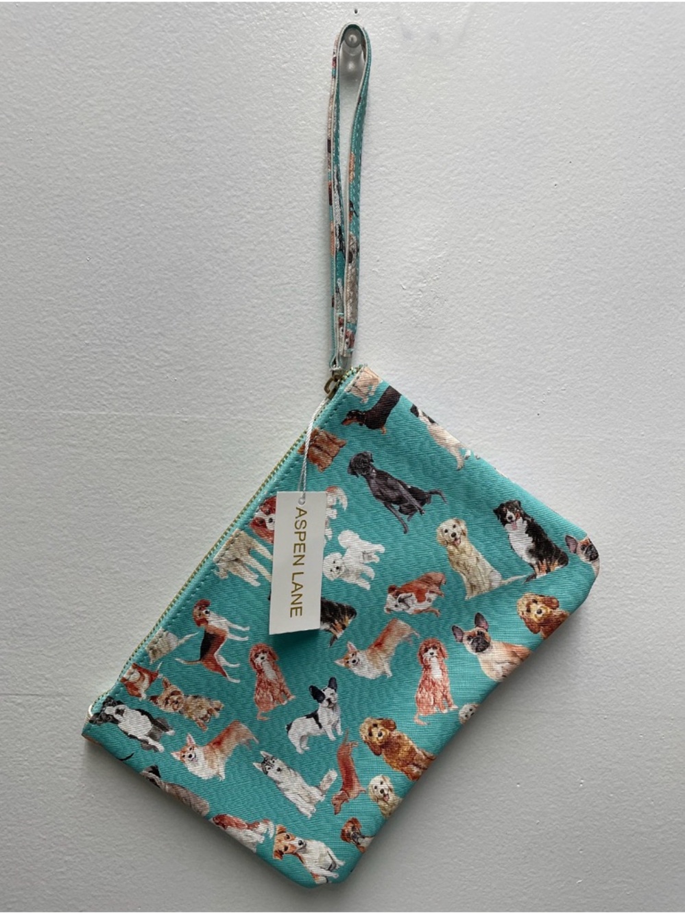 Aspen Lane Teal Dog Print Wristlet 9” x 6”
